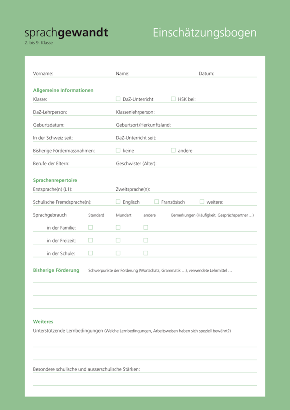 sprachgewandt 2. bis 9. Klasse Einschätzungsbogen