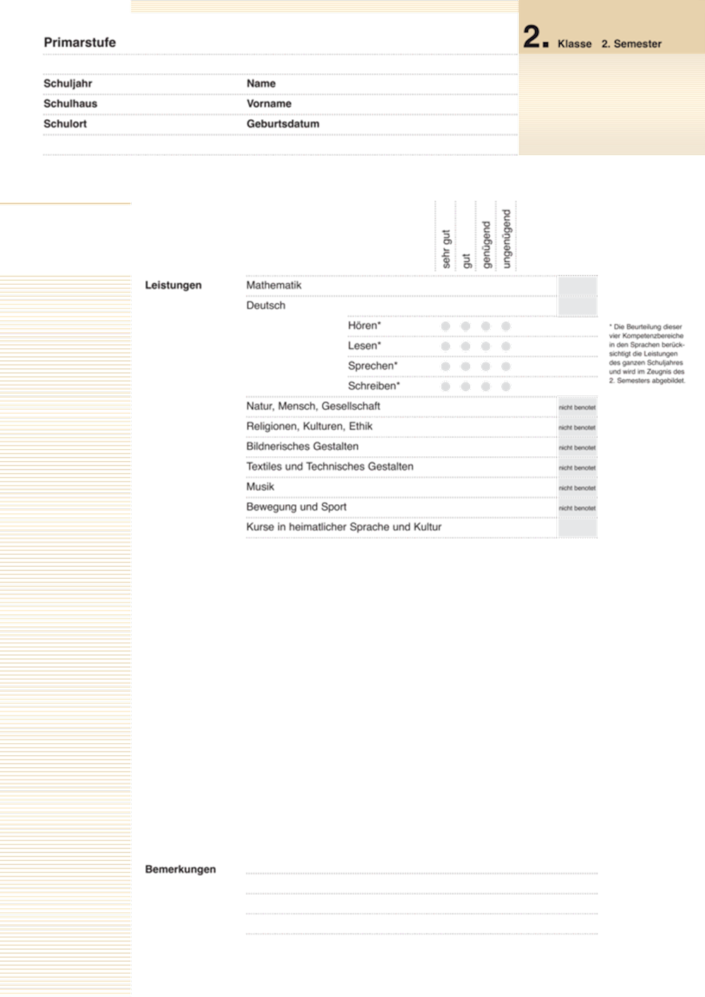 Zeugnis Primarstufe Kanton ZH 2. Klasse, 2. Semest