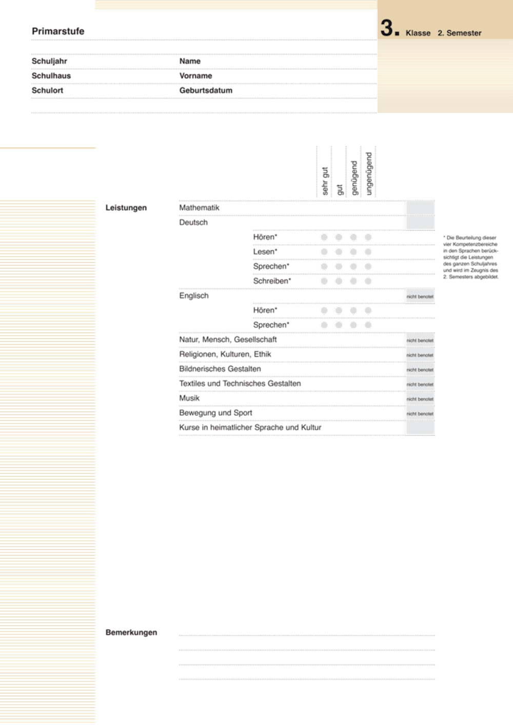 Zeugnis Primarstufe Kanton ZH 3. Klasse, 2. Semest