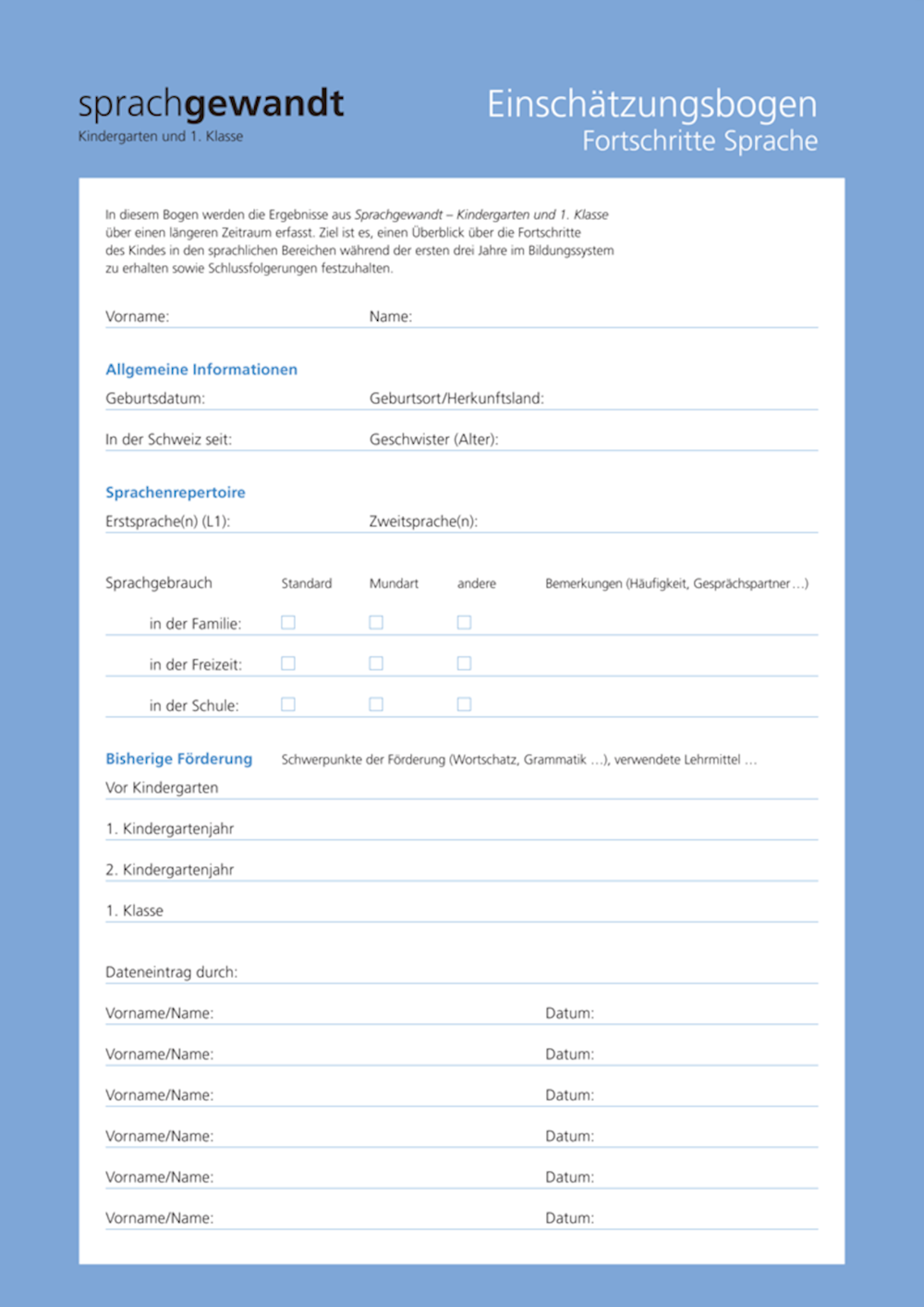 sprachgewandt KG und 1. Klasse Einschätzungsbogen