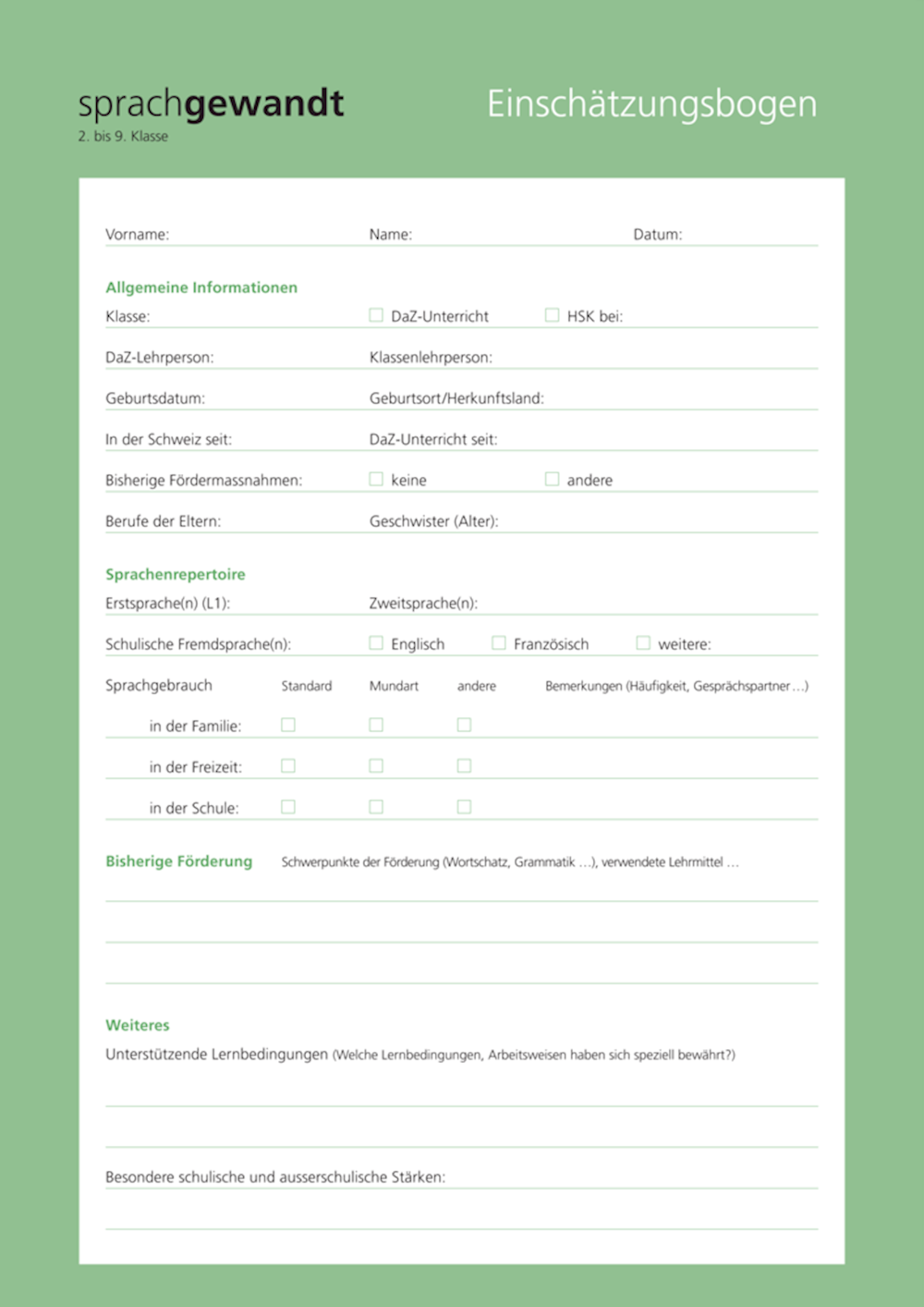 sprachgewandt 2. bis 9. Klasse Einschätzungsbogen